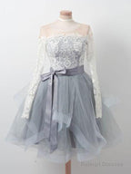 Long Sleeves Short Gray Prom Dress With White Lace, Long Sleeves Short Lace Graduation Homecoming Dresses