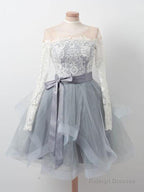 Long Sleeves Short Gray Prom Dresses With White Lace Long Sleeves Short Lace Graduation Homecoming Dress