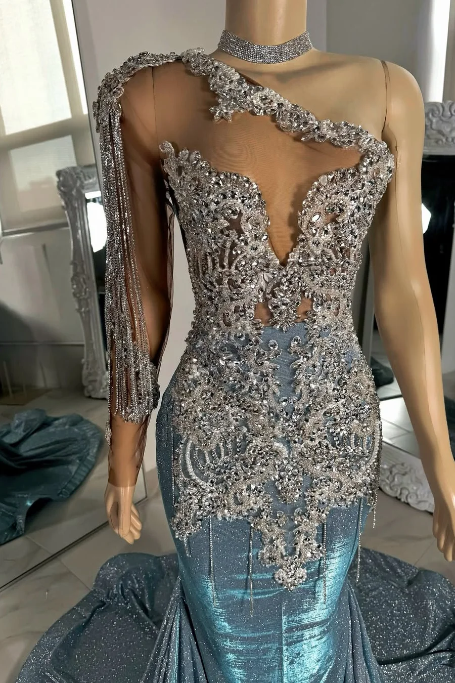 Long Sleeves Silver Dusty Blue Shiny Court Train Beaded Prom Dresss Secondary image