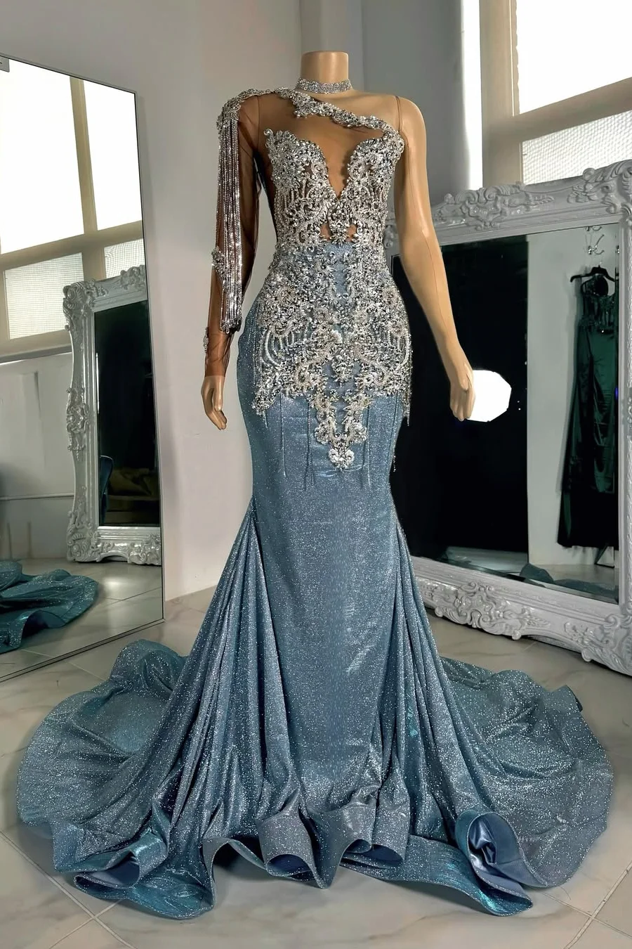 Long Sleeves Silver Dusty Blue Shiny Court Train Beaded Prom Dresss Main image