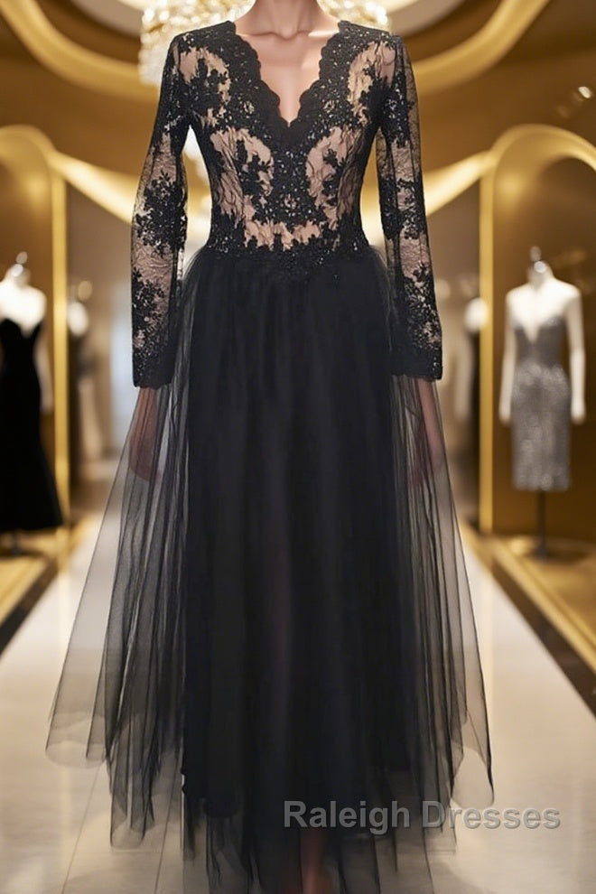 Long Sleeves V Neck Black Lace Long Prom Dresses, Long Sleeves Black Formal Dresses, Black Lace Evening Dresses