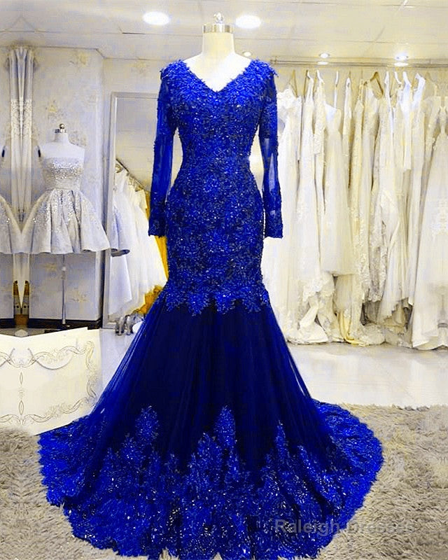 Long Sleeves V-Neck Lace Prom Mermaid Dresses