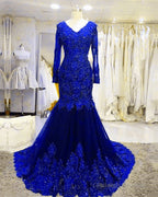 Long Sleeves V-Neck Lace Prom Mermaid Dress