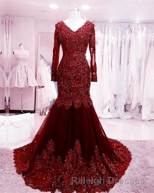 Long Sleeves V-neck Lace Prom Mermaid Dresses,Women Evening Dress