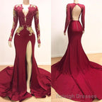 Long Sleeves V Neck Mermaid Prom Dress,Leg Split Formal Prom Dresses