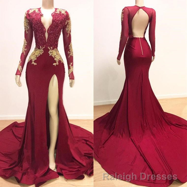Long Sleeves V Neck Mermaid Prom Dress,Leg Split Formal Prom Dresses