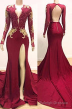 Long Sleeves V Neck Mermaid Prom Dress Red Sequins Long Chiffon