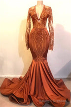 Long Sleeves V Neck Mermaid Prom Dress Sequins Gold Long Chiffon Lace