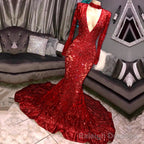 Long Sleeves V-neck Mermaid Prom Dress Sequins Long Chiffon Red Royal Blue