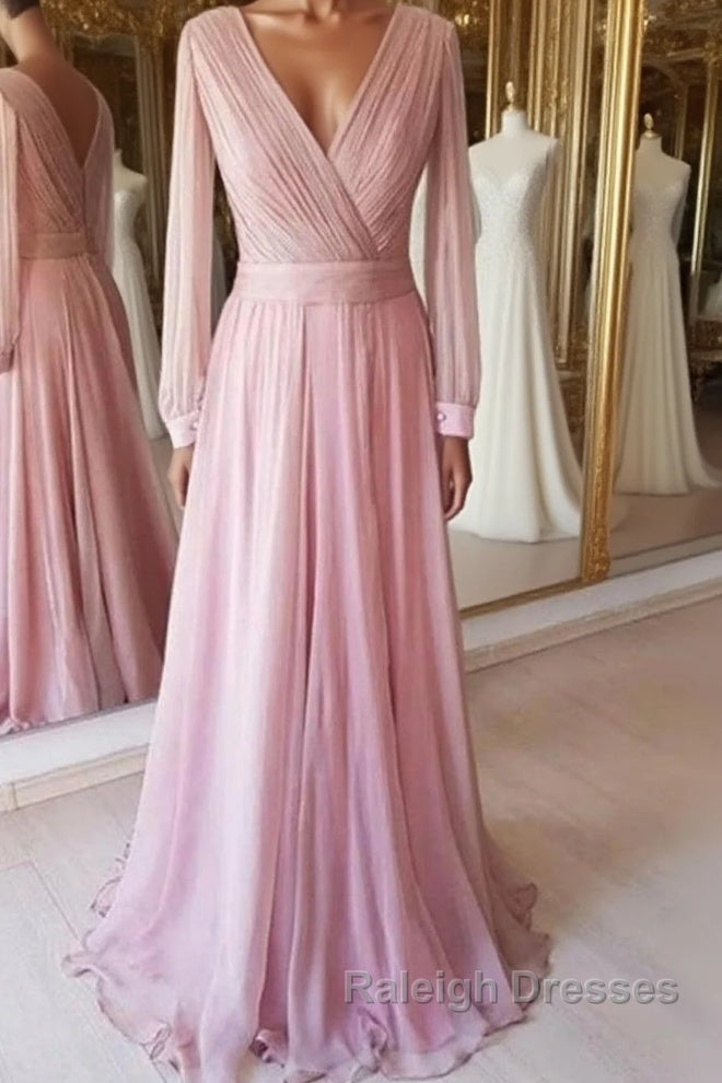 Long Sleeves V Neck Pink Chiffon Long Prom Dress, Long Sleeves Pink Bridesmaid Dress, Pink Formal Evening Dress
