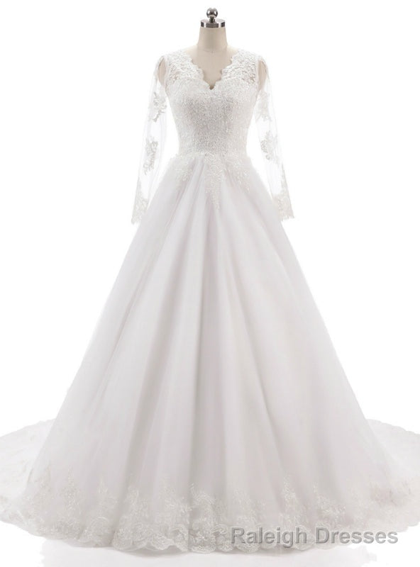 Long Sleeves V Neckline Backless Lace Appliques Wedding Gown