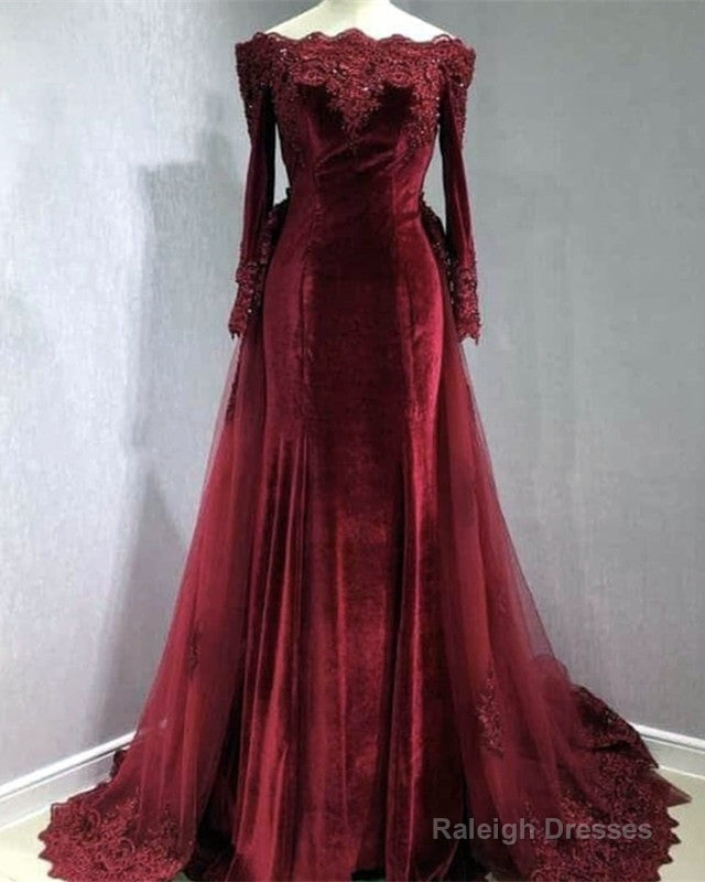 Long Sleeves Velvet Mermaid Prom Dress Detachable Skirt