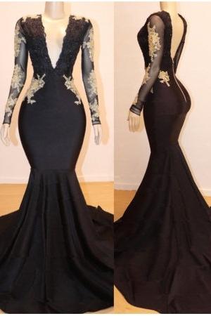 Long Sleevess Appliques Mermaid V-Neck Long Prom Dresses Secondary image