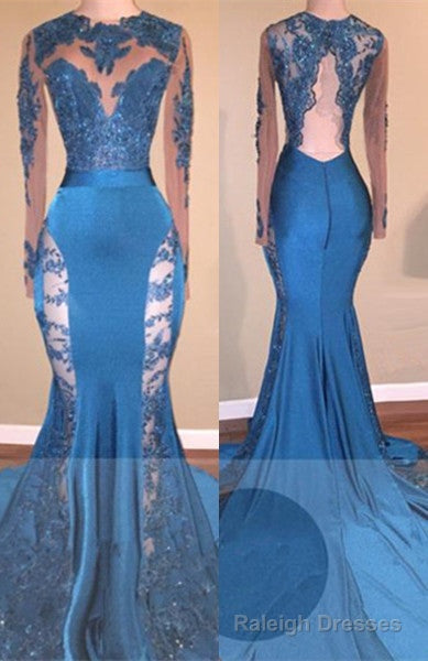 Long Sleevess Lace Appliques Open Back Brush Train Mermaid Prom Gown Main image