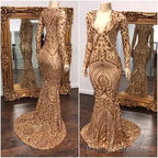 Long Sleevess V Neck Beading Patterns Long Mermaid Prom Gown