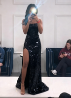 Long Spaghetti Straps Mermaid Slit Prom Dress Long Prom Dress