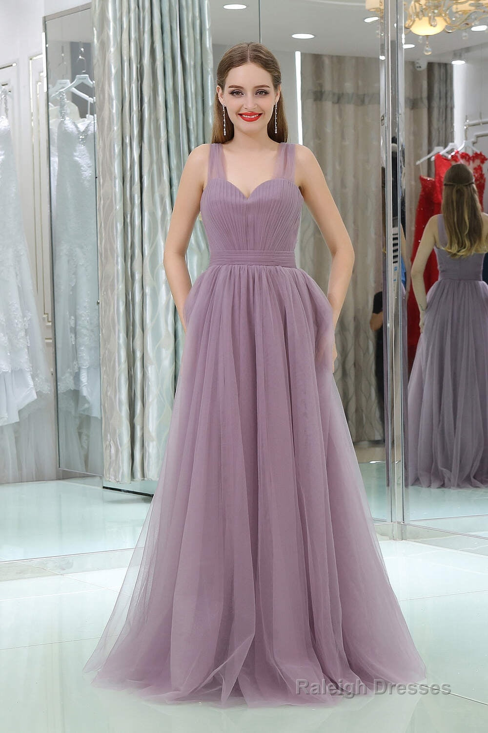Long Tulle Sweetheart Lavender Sleeveless Lavender Prom Dresses Main image