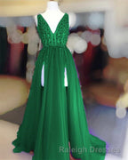 Long Tulle V Neck Prom Dress Sequin Beaded Prom Gowns
