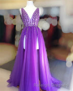 Long Tulle V Neck Prom Dress Sequin Beaded Prom Gowns