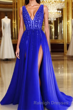 Long Tulle V-neck Prom Dresses Sequin Beaded Evening Gowns