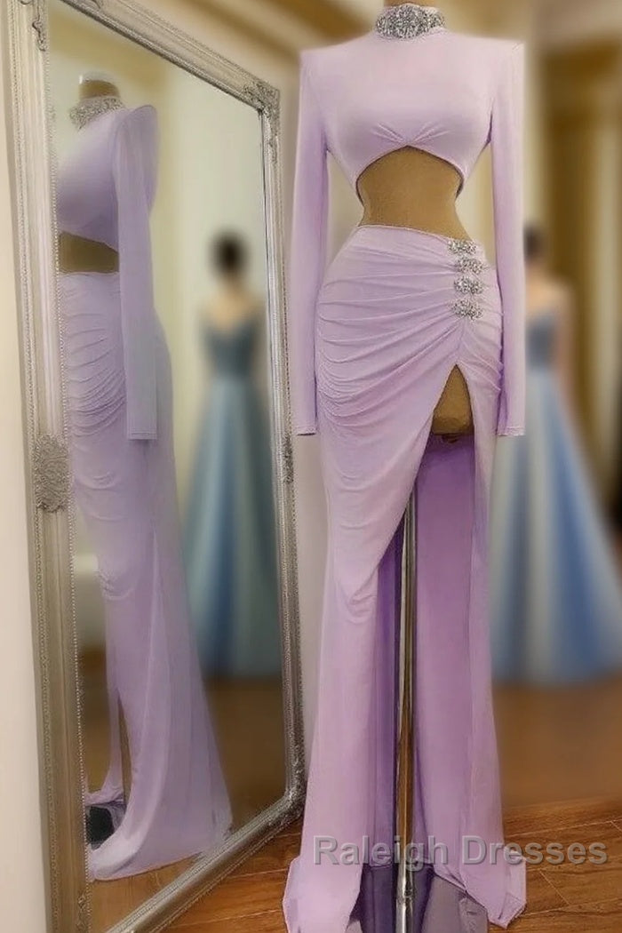 Long Two Piece Mermaid High Neck Split Prom Dresses with Sleeves