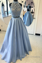 Long Two Piece Prom Dress Lace High Neck Open Back