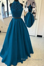 Long Two Piece Prom Dress Lace High Neck Open Back