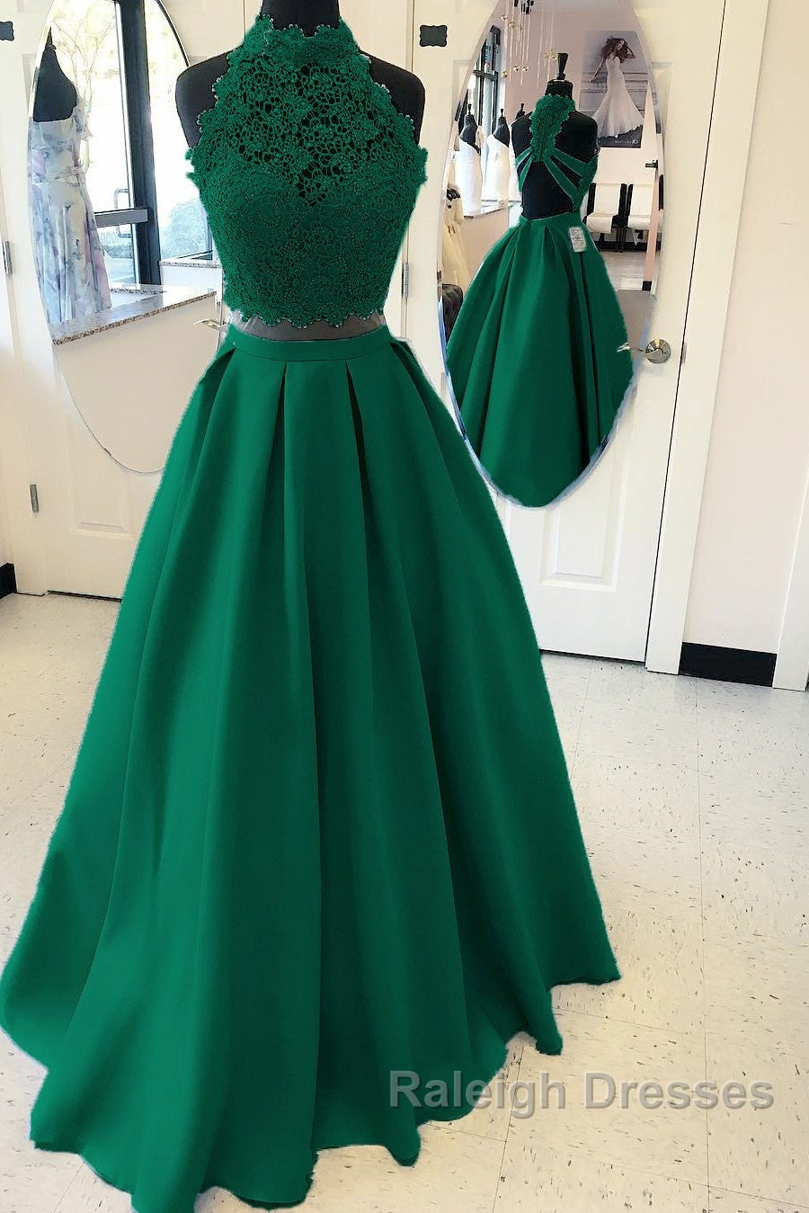 Long Two Piece Prom Dresses Lace High Neck Open Back