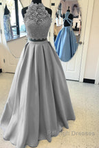 Long Two Piece Prom Dress Lace High Neck Open Back