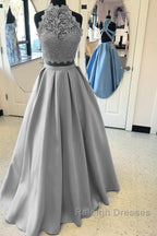 Long Two Piece Prom Dresses Lace High Neck Open Back