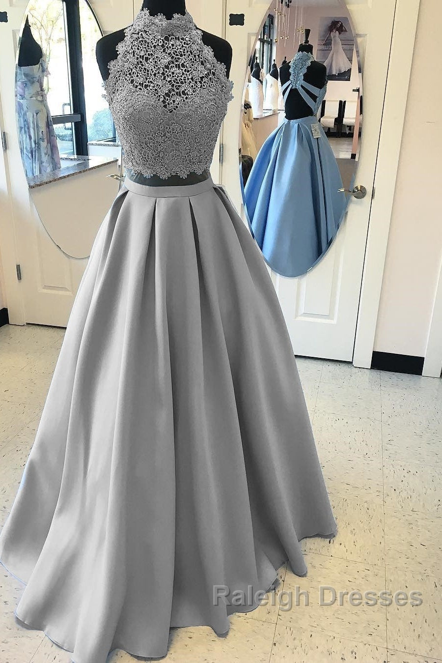 Long Two Piece Prom Dresses Lace High Neck Open Back