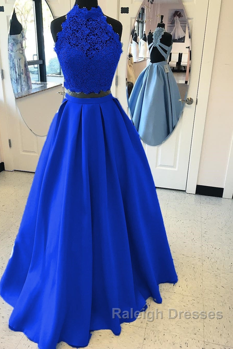 Long Two Piece Prom Dresses Lace High Neck Open Back