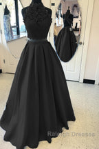 Long Two Piece Prom Dresses Lace High Neck Open Back
