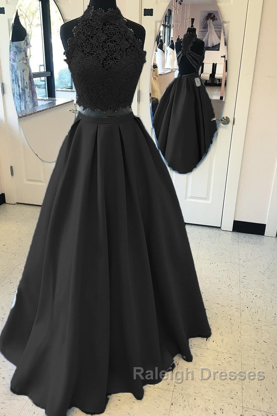 Long Two Piece Prom Dresses Lace High Neck Open Back