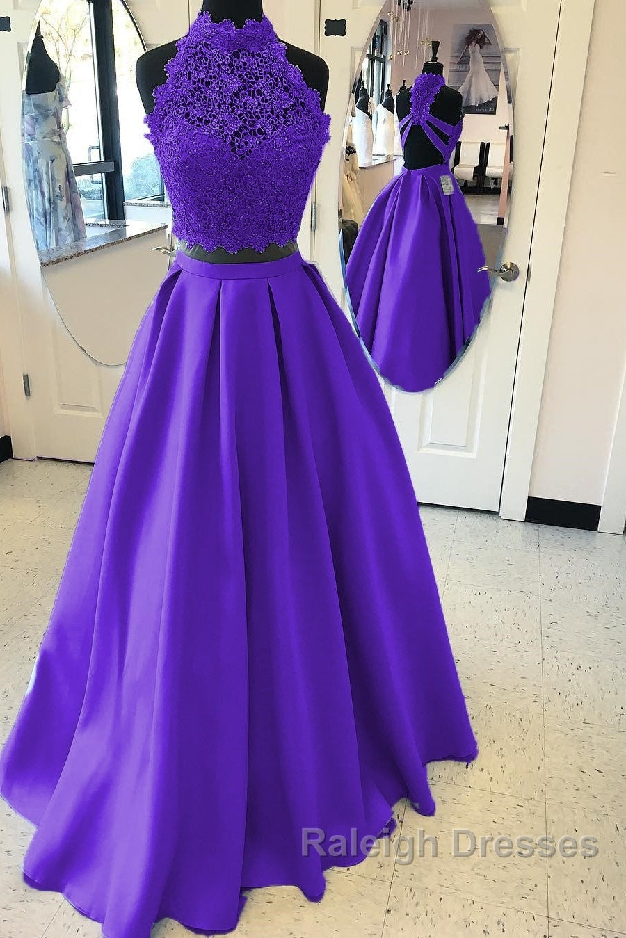 Long Two Piece Prom Dresses Lace High Neck Open Back