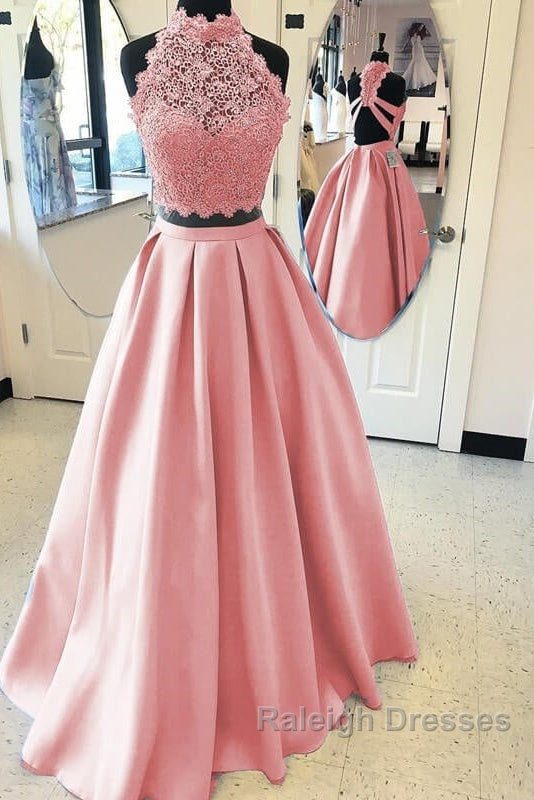 Long Two Piece Prom Dresses Lace High Neck Open Back