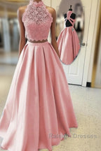Long Two Piece Prom Dress Lace High Neck Open Back
