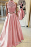 Long Two Piece Prom Dresses Lace High Neck Open Back