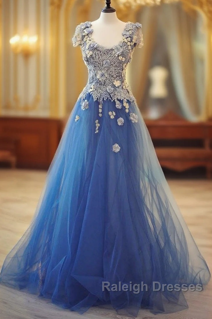 Long Unique Lace Applique Tulle Blue Prom Dresses Main image