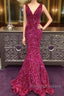 Long V Neck Fuchsia Prom Dress Sequin Mermaid Formal Graduation Dresses