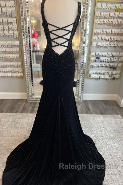 Long Velvet Black Prom Dresses Straps Crystals V Neck Formal Dress Gowns Secondary image