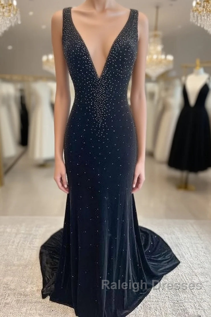 Long Velvet Black Prom Dresses Straps Crystals V Neck Formal Dress Gowns Main image
