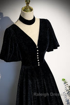 Long Velvet V-Neckline Floor Length Prom Dresses, Black Evening Wedding Party Dresses