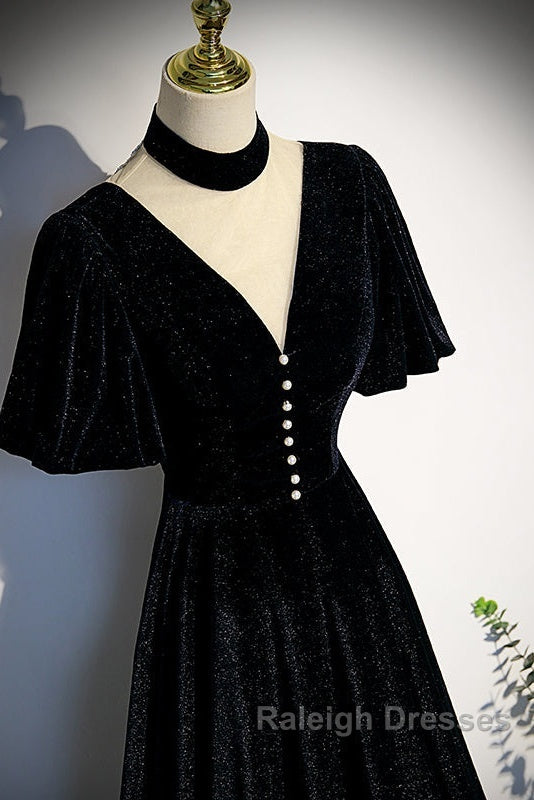 Long Velvet V-Neckline Floor Length Prom Dresses, Black Evening Wedding Party Dresses