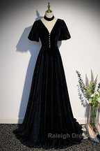 Long Velvet V-Neckline Floor Length Prom Dresses, Black Evening Wedding Party Dresses