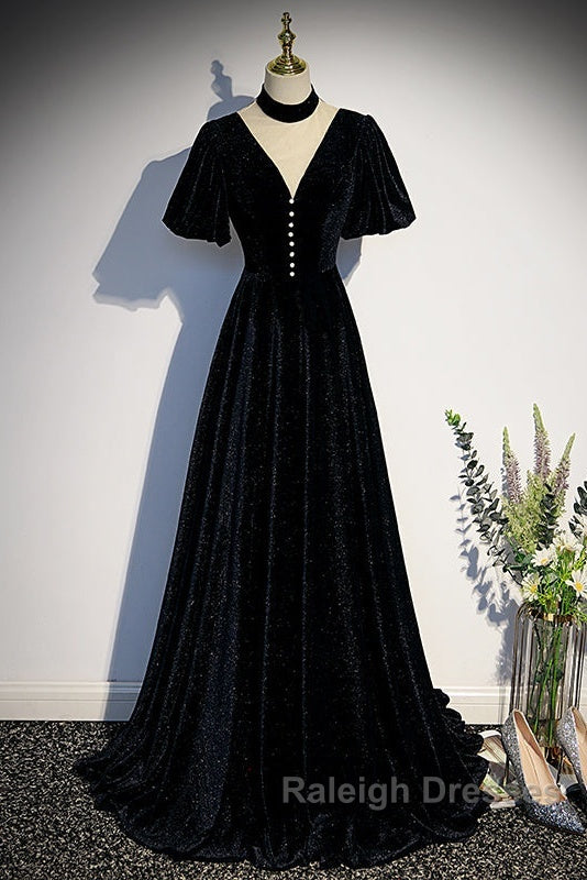 Long Velvet V-Neckline Floor Length Prom Dresses, Black Evening Wedding Party Dresses