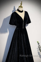 Long Velvet V-Neckline Floor Length Prom Dresses, Black Evening Wedding Party Dresses