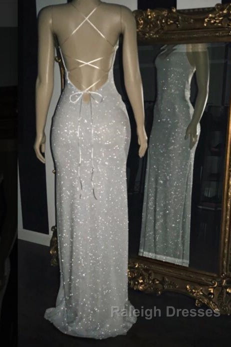 Long White Sequin Prom Dresses Cross Back Halter Evening Gown Secondary image