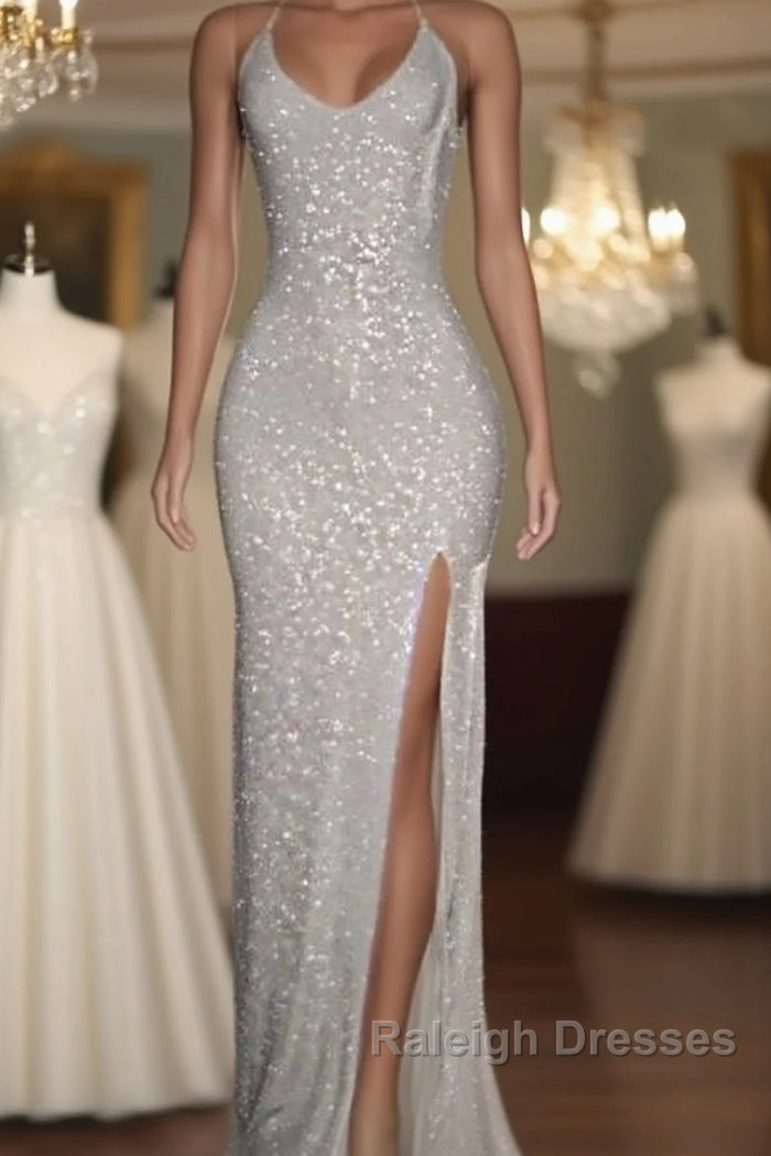 Long White Sequin Prom Dresses Cross Back Halter Evening Gown Main image