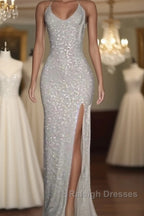 Long White Sequin Prom Dresses Cross Back Halter Evening Gown